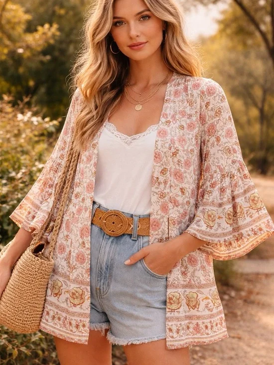 Umgee Boho Floral Kimono Cardigan Bell Sleeve S/M - Picture 2 of 7